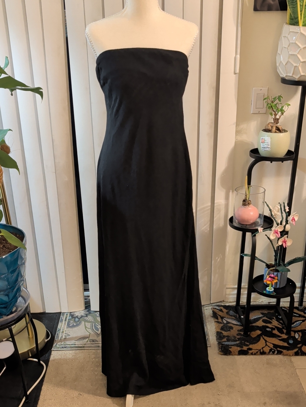 Anthropologie Black Linen Bias Cut Strapless Maxi Dress Large